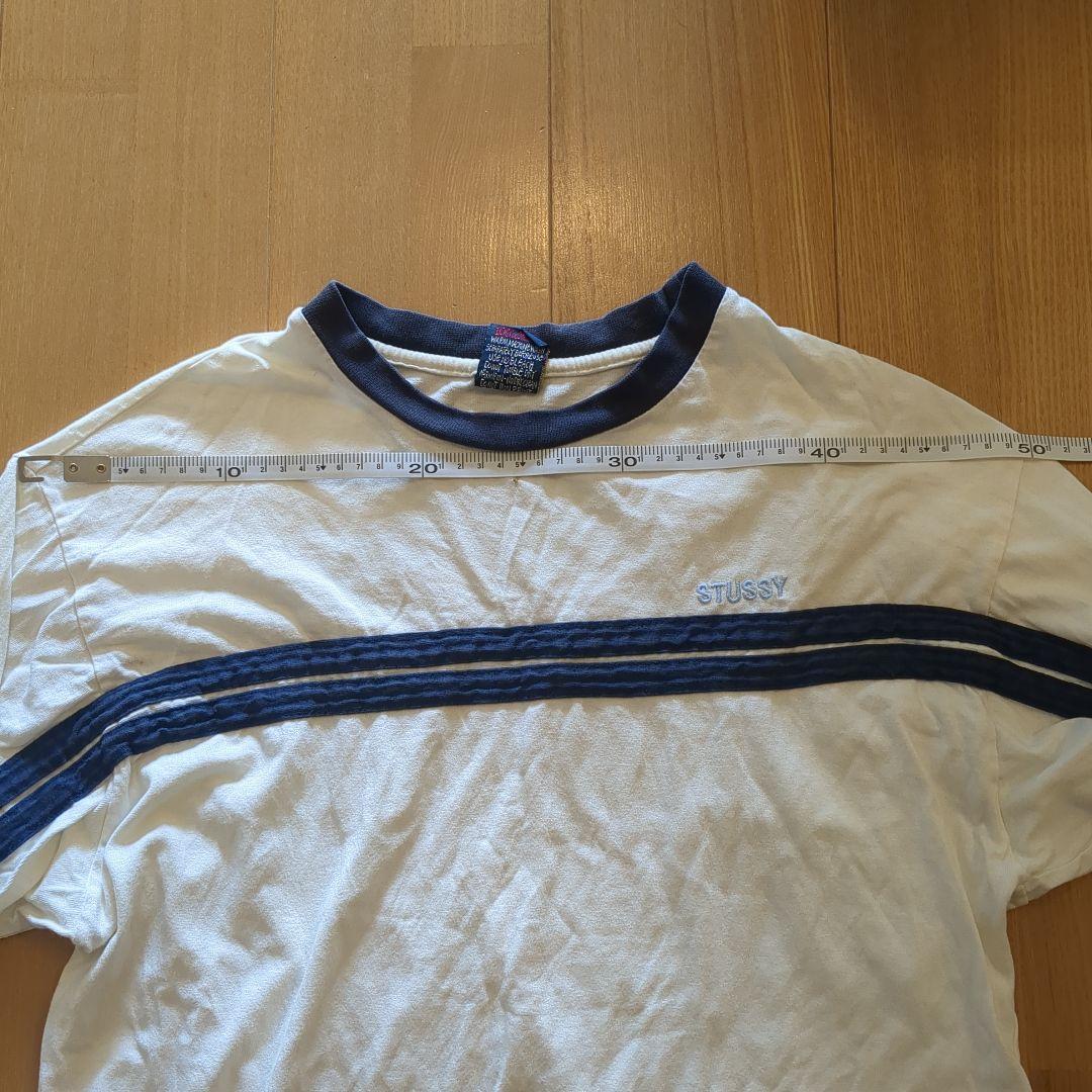 90s STUSSY ホワイト/ネイビー ストライプ 長袖TシャツサイズM紺タグ