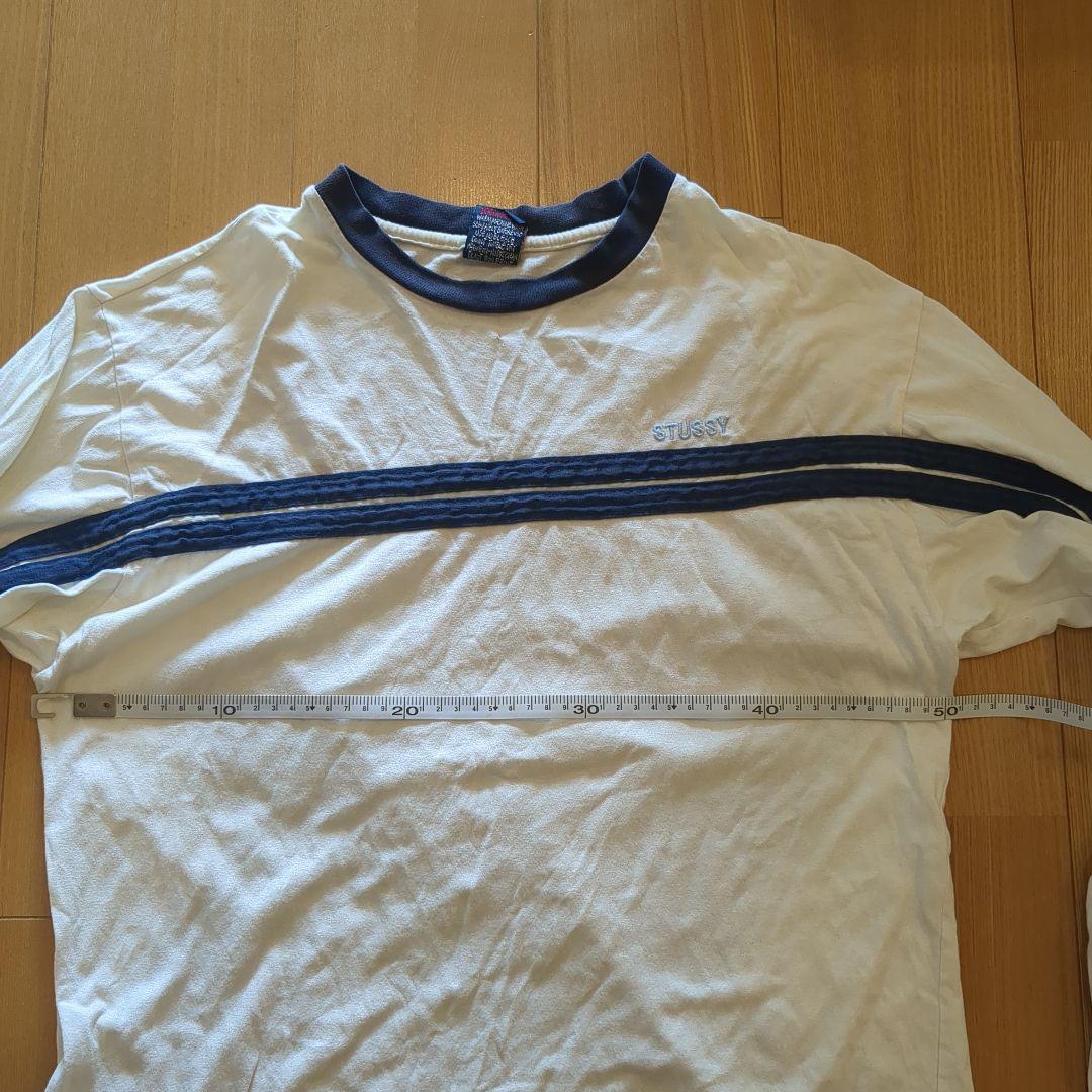 90s STUSSY ホワイト/ネイビー ストライプ 長袖TシャツサイズM紺タグ