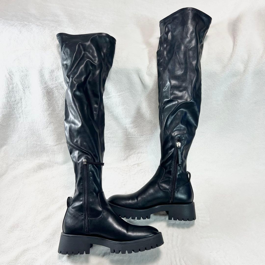 【美品】ZARA ロングブーツ ブラック 37 24cm レザー　ニーハイ　厚底