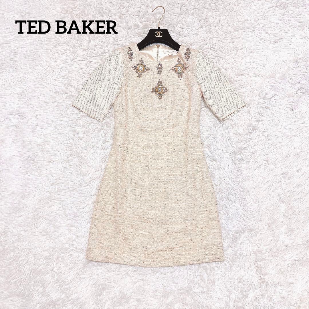 TEDBAKER ビジュー ワンピース 半袖 ラメ ツイード ゴールド ドレス