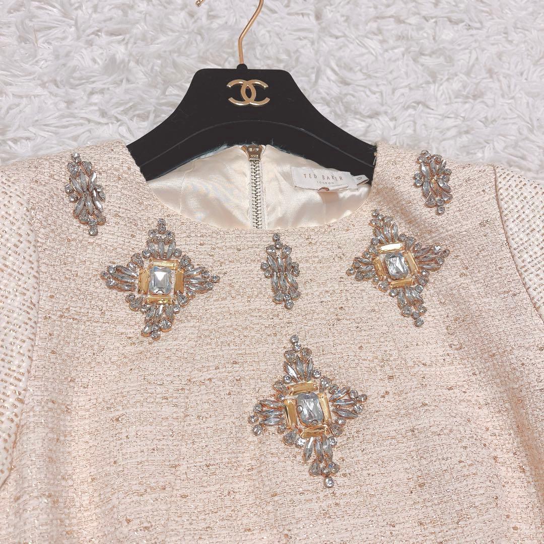 TEDBAKER ビジュー ワンピース 半袖 ラメ ツイード ゴールド ドレス