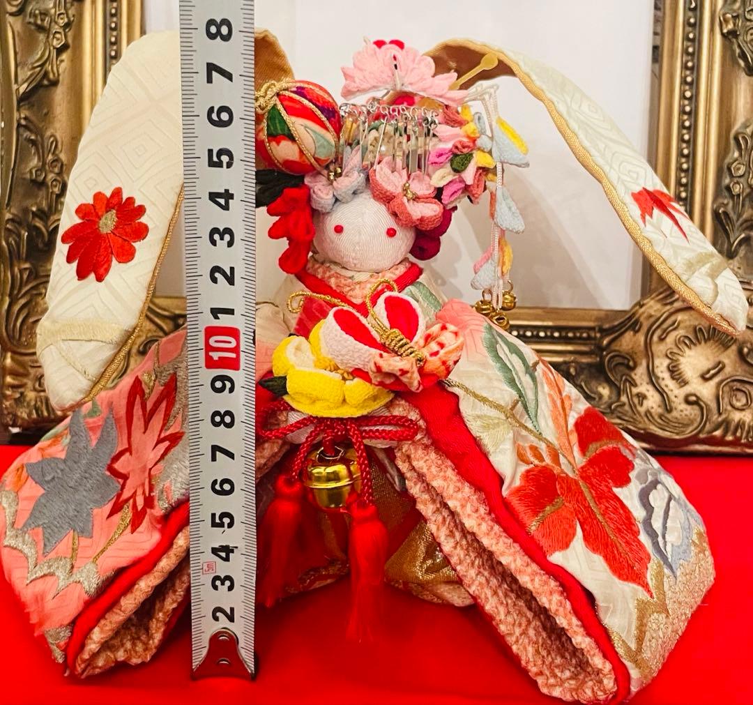 おばあちゃんのハンドメイド　大きな着物うさぎ人形　お姫様桃色の鶴　 幸せの鈴の音