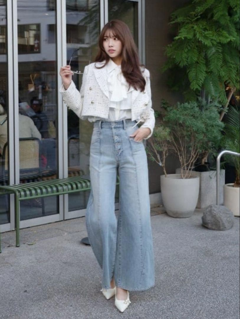 rienda 新品未使用フロントボタンデザインハイウエストデニムパンツ