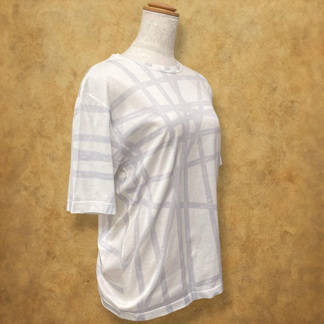 HERMES Tシャツ サイズME ボルデュック リボン柄 ライトグレー　伊製