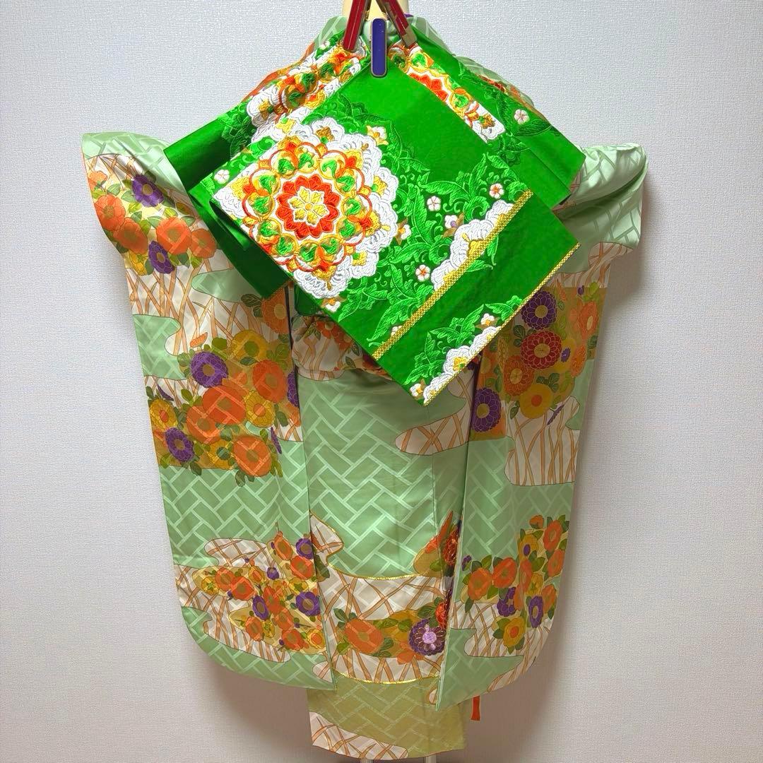 36 振袖フルセット 正絹 淡グリーン 緑 金彩 刺繍 駒刺繍 レトロ 古典