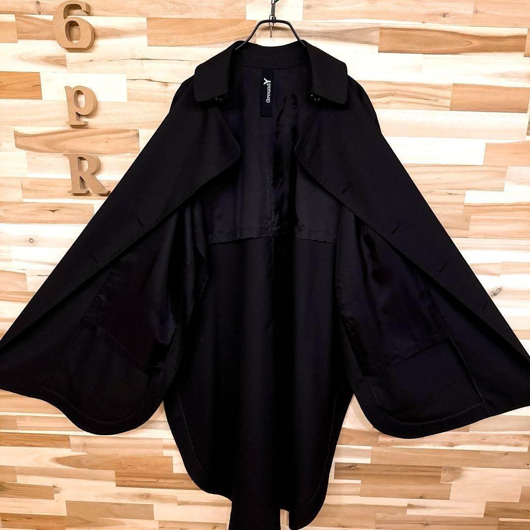 美品/レア【グラウンドワイ】ギャバジン ケープ コート ロング ベスト黒ブラック