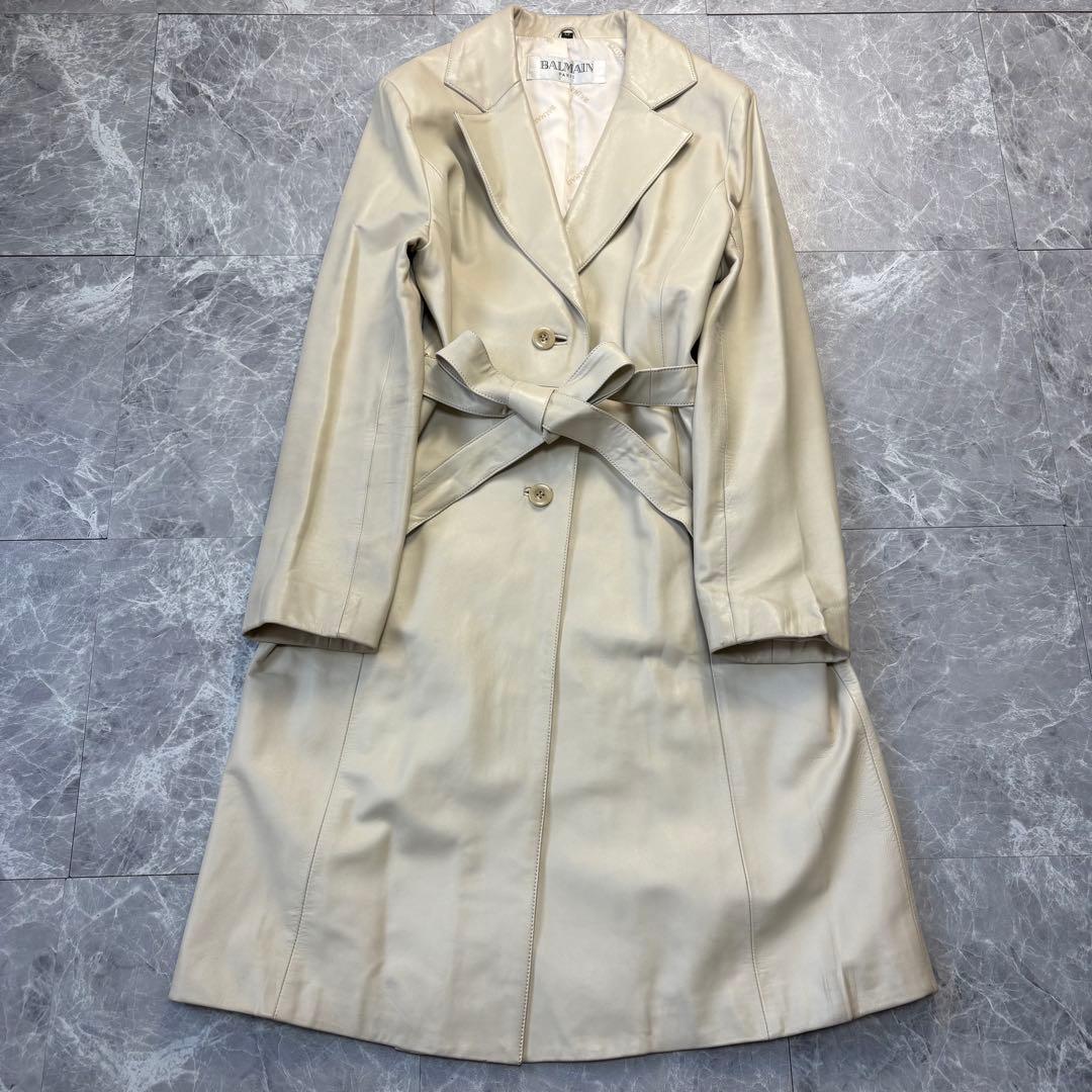 XL♡バルマン♡ラムレザー　ロングコート　ベルトリボン　ホワイトベージュ