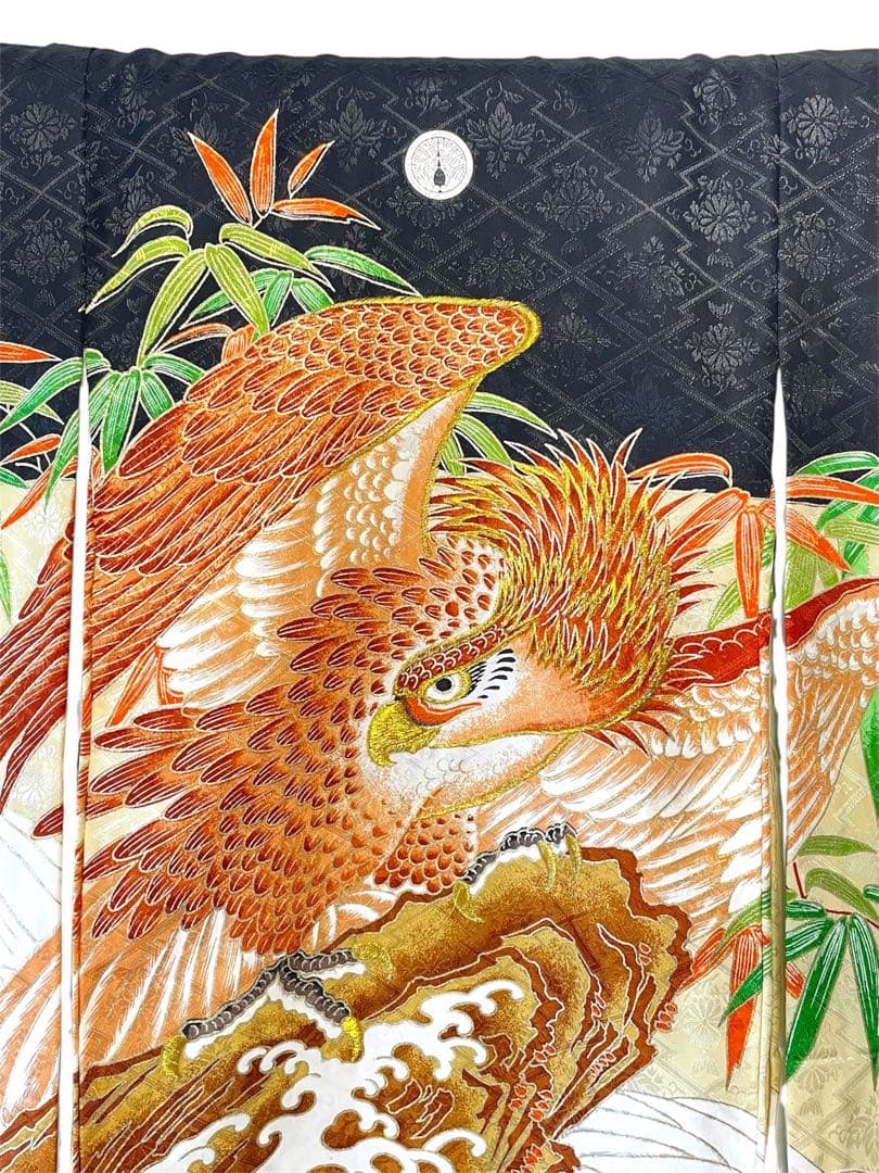 □男児　正絹セミアンティーク祝着 金刺繍鷹　お宮参り　初着　掛け着　襦袢付