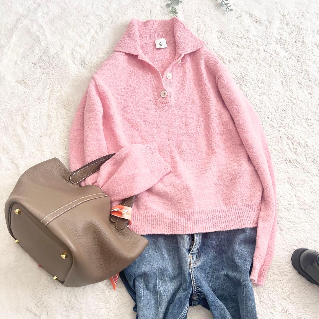 美品6 ROKU COLLAR KNIT ポロニット　ユナイテッドアローズピンク