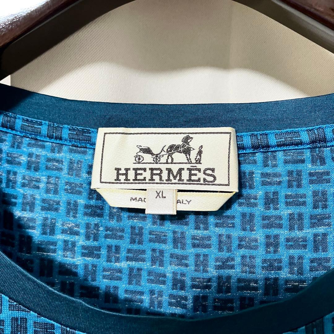 エルメス Tシャツ XL Hロゴ 総柄 ブルー 半袖 HERMES