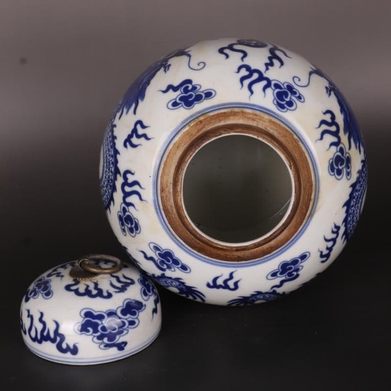 青花双龍戯珠紋蓋缶 景徳鎮 陶磁器 装飾品 現代工芸品 美術品 置物