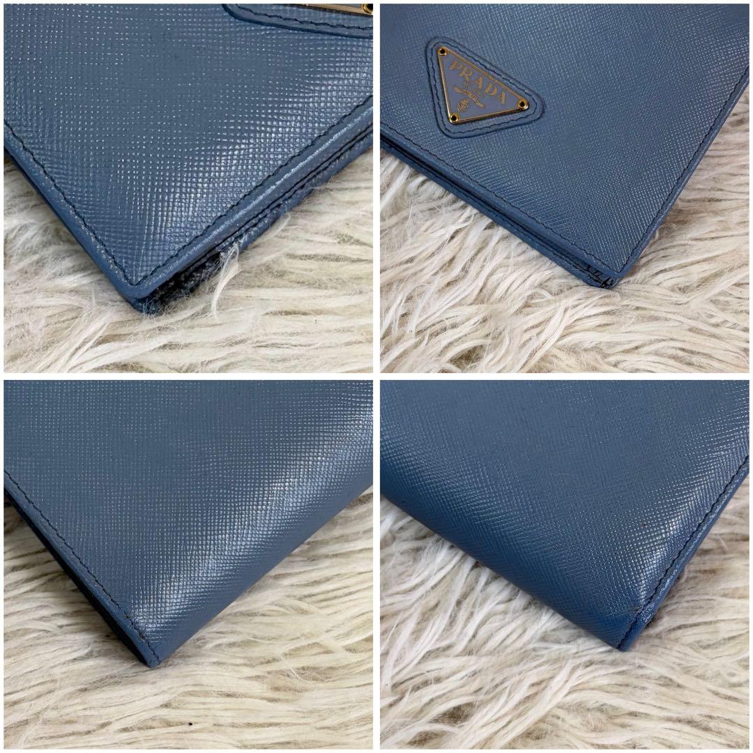 極美品/希少スカイブルー✨PRADA プラダ サフィアーノ 折り財布 三角ロゴ