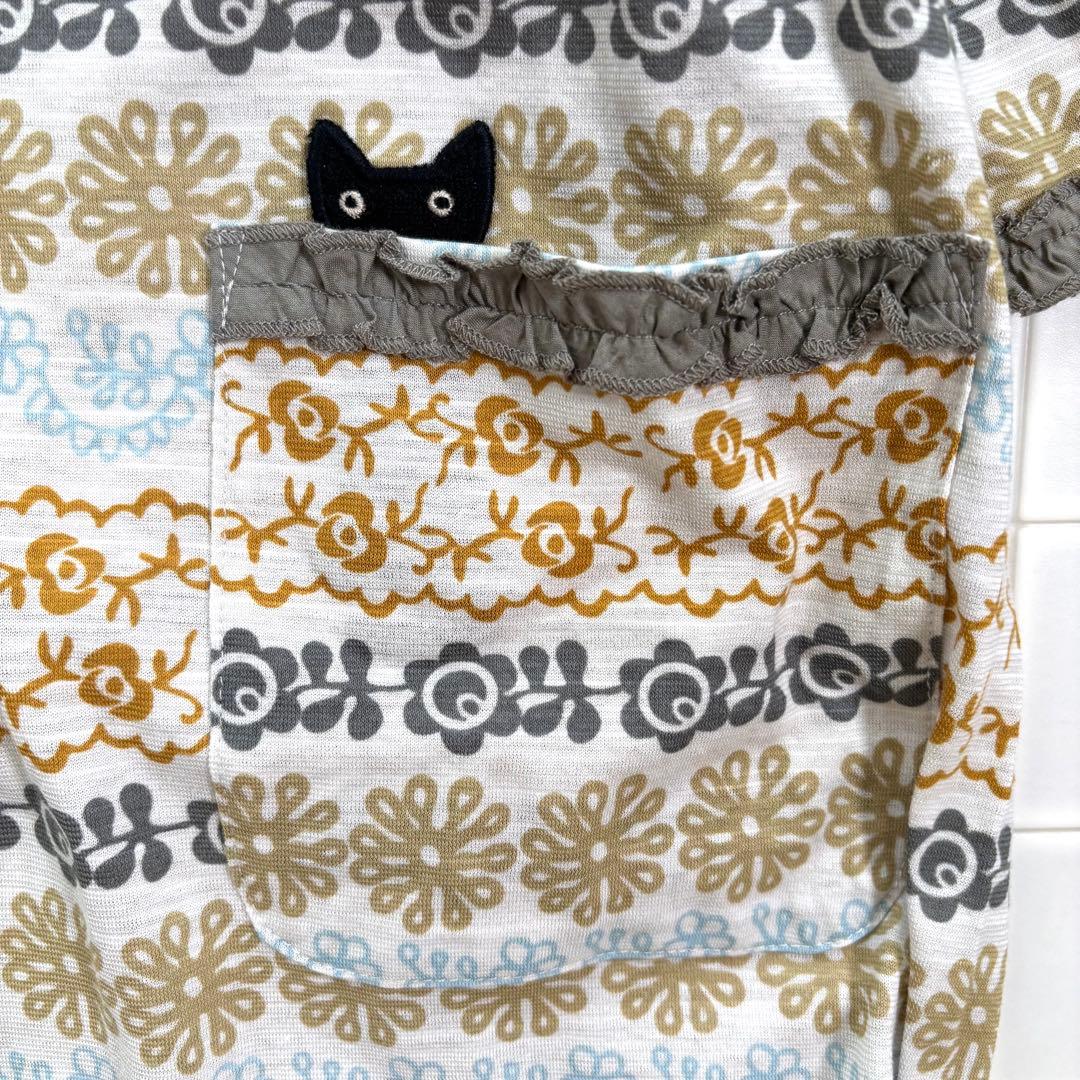 美品 コットン 綿 前開き ルームワンピース 七分袖 可愛い 黒猫 総柄