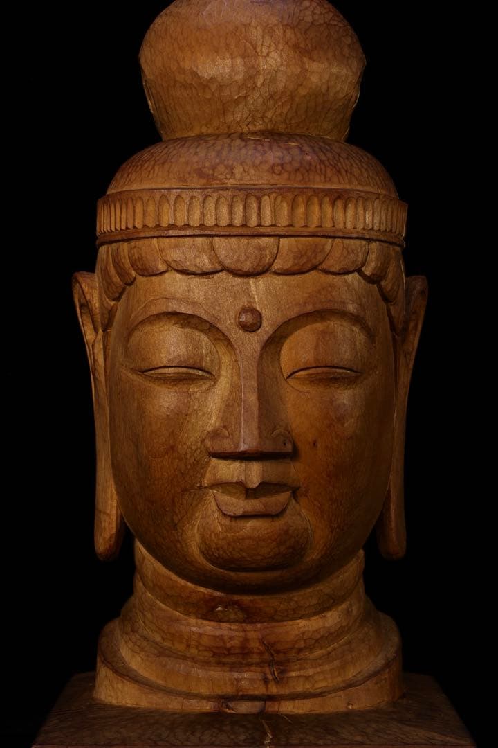 木彫『菩薩頭部』 共箱 高さ35cm 観音菩薩 仏像 頭 一刀彫 彫刻 仏教美術
