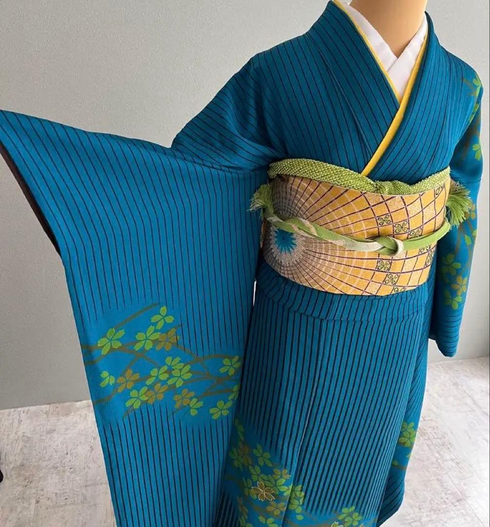 コシノジュンコ　正絹　ブルー振袖フルセット　花柄　ボーダ－ 正絹