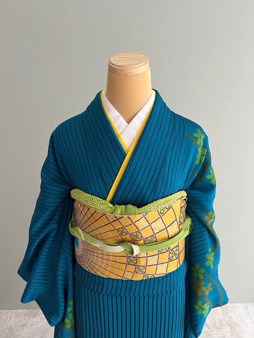 コシノジュンコ　正絹　ブルー振袖フルセット　花柄　ボーダ－ 正絹