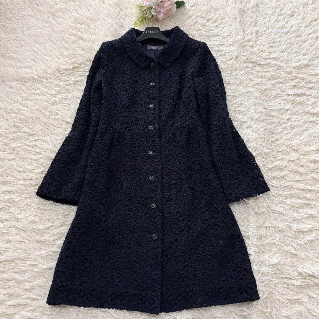 美品✨フランコフェラーロ　総レーススプリングコート　フレア　ロング　紺　3
