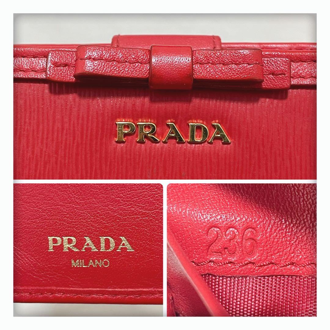 2/26削除‼️ 美品 PRADA プラダ ヴィッテロ 折り財布 リボン レッド