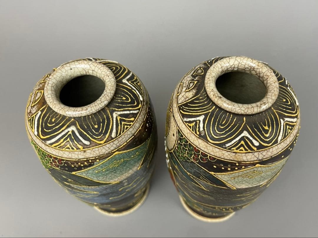 古薩摩 香山造 丸十 金彩人物 金蘭手 花瓶 徳利 一輪挿 時代物 明治期
