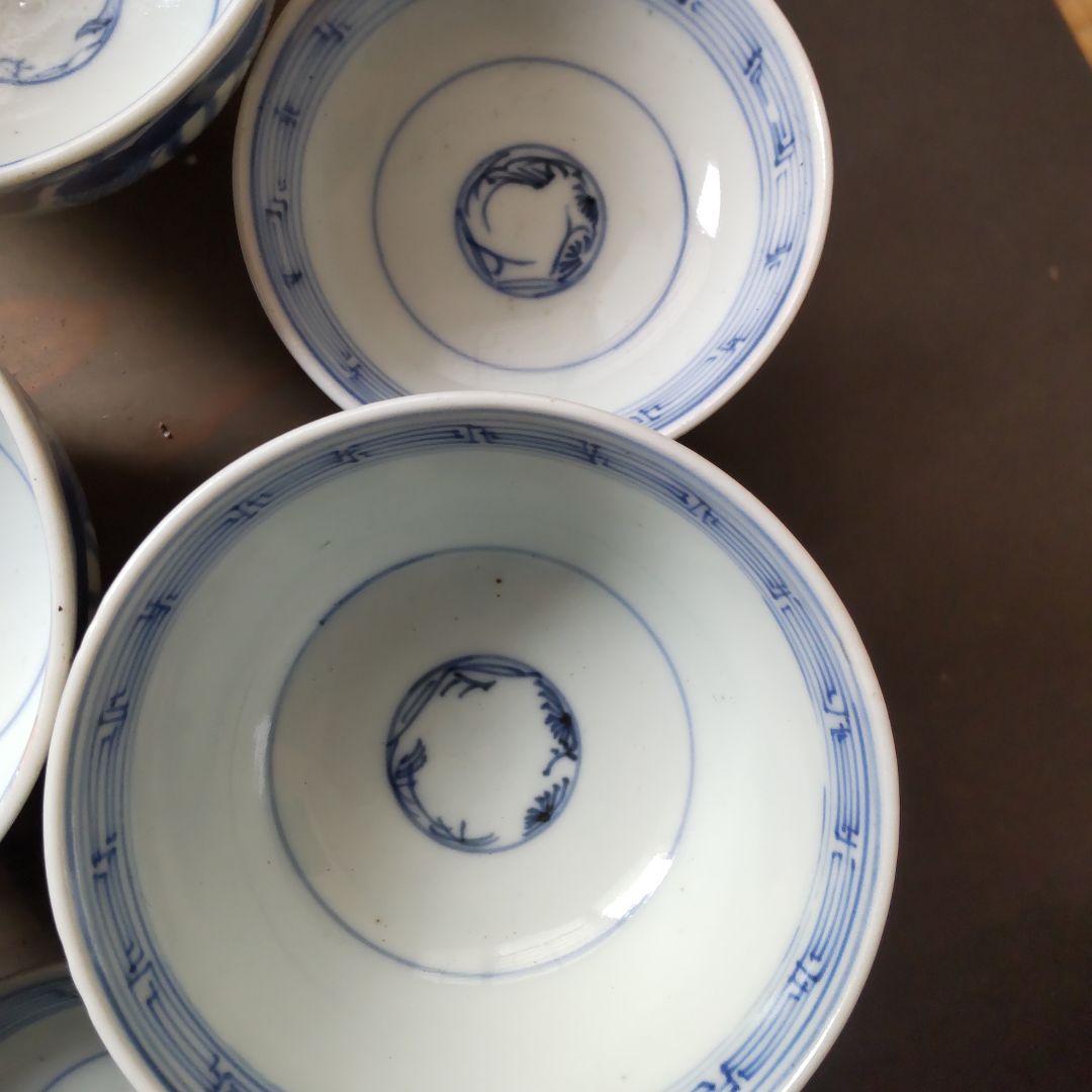 明治期　古伊万里　蓋茶碗5客　染付