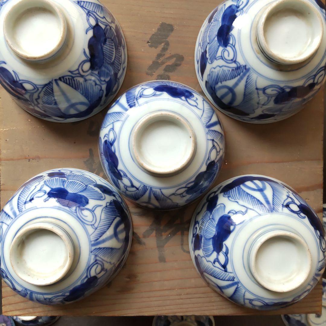 明治期　古伊万里　蓋茶碗5客　染付