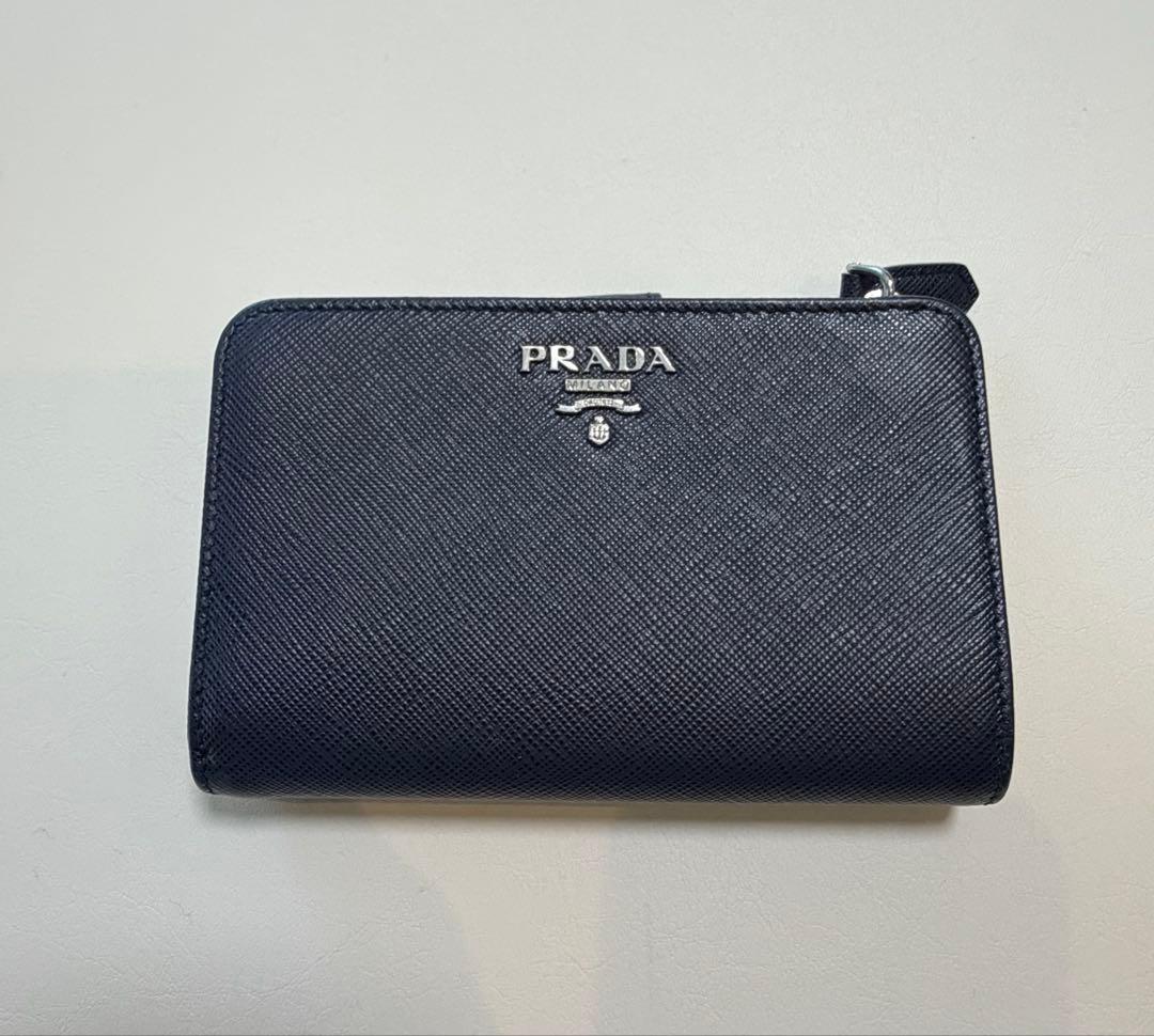 PRADA 二つ折り財布 ネイビー サフィアーノ　レザー　バイカラー