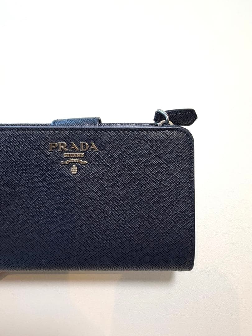 PRADA 二つ折り財布 ネイビー サフィアーノ　レザー　バイカラー