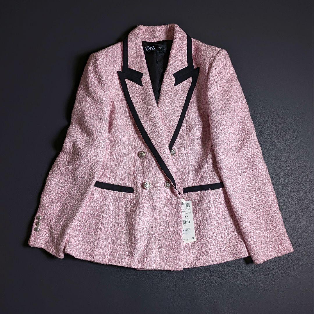 新品◎ZARA／コントラストパイピングテクスチャージャケット ツイード ピンク