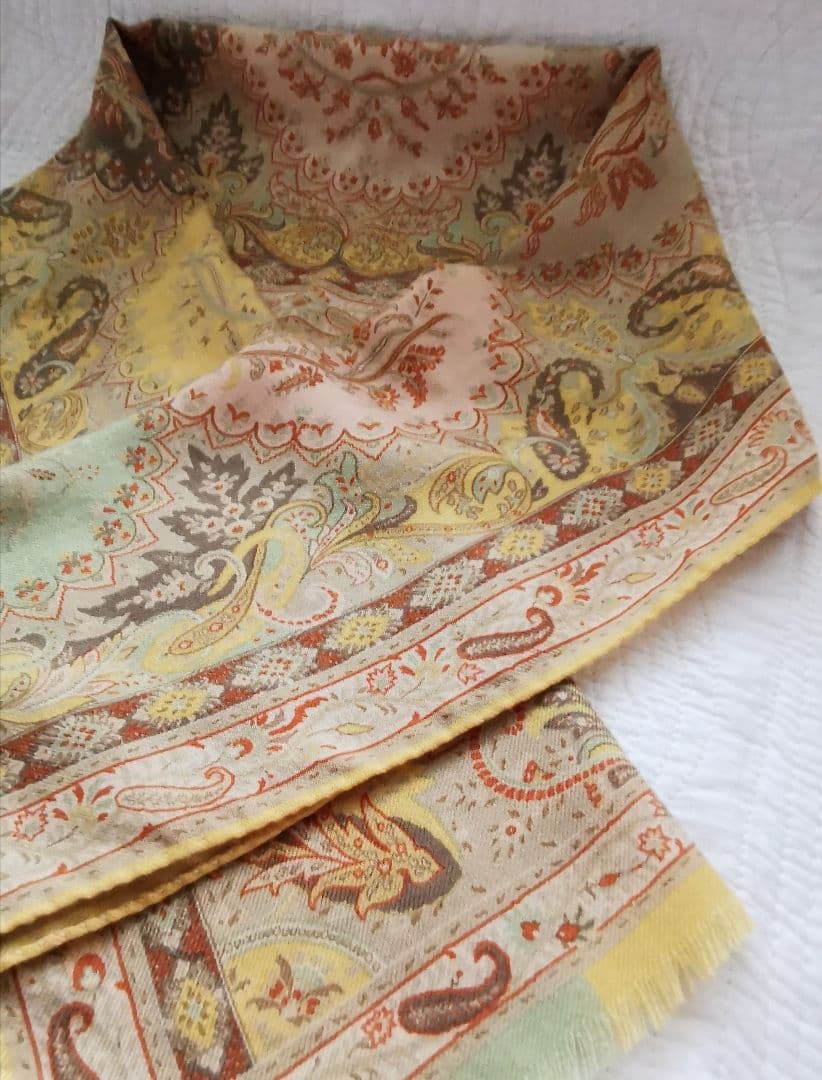 Etro エトロ カルカッタ ピンク＆ブルー＆グレー＆黄 シルクウールマフラー