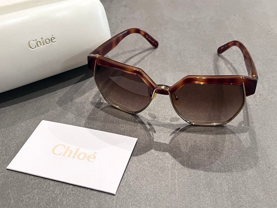 未使用 Chloéクロエ ブラウンベッコウフレーム ゴールド枠 六角形サングラス