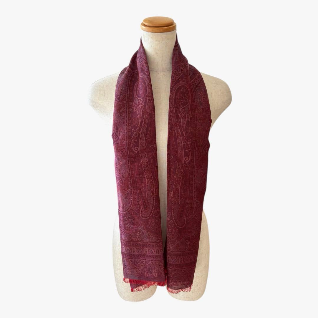 【美品】ETRO エトロ ストール ペイズリー柄 ボルドー ウールシルク混タグ有