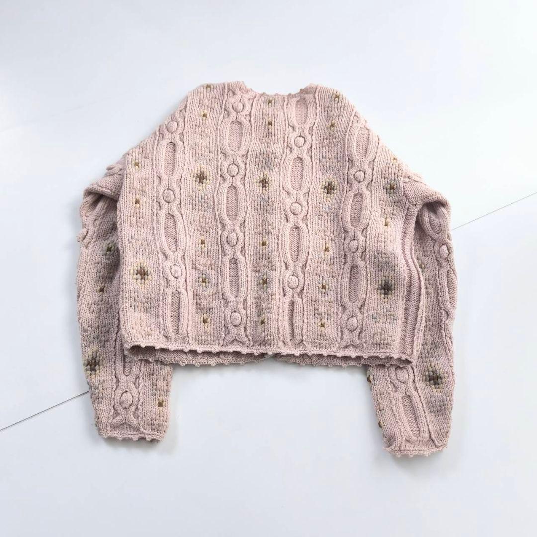 ハンドニット ウール100% 刺繍アランカーディガン ベビーピンク C21