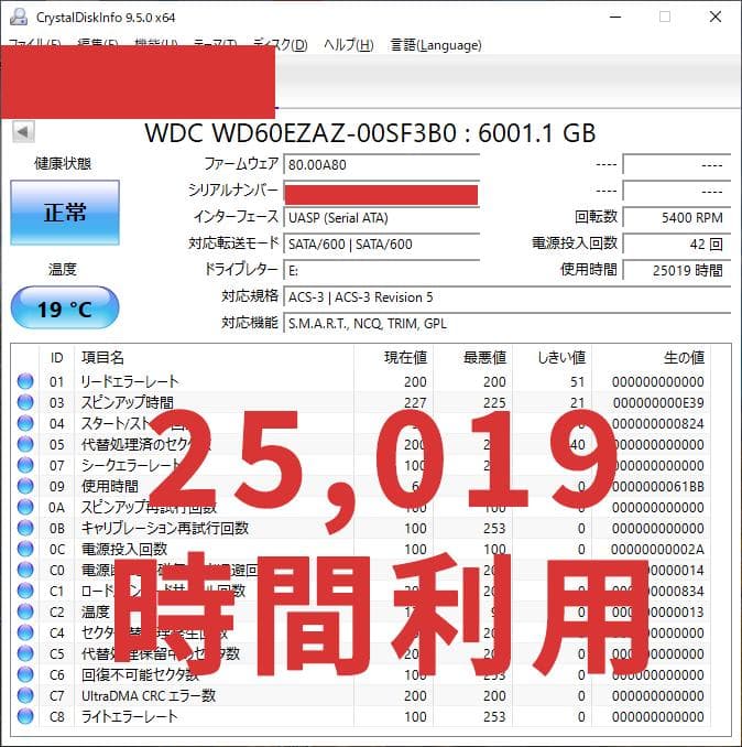 HDD WD60EZAZ 2個 24,987時間 25,019時間 6TBx2個