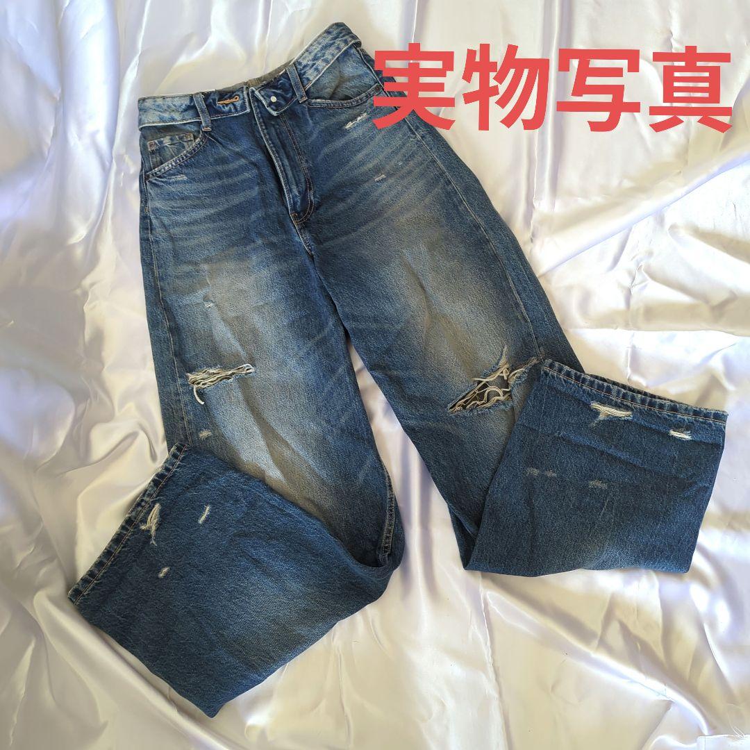 ザラ ZARA TRF折り返しウエストミッドライズデニムパンツ ダメージ XS