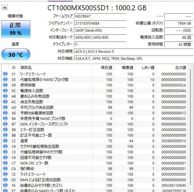 使用時間少なめcrucial MX500 1000GB 2.5インチSSD