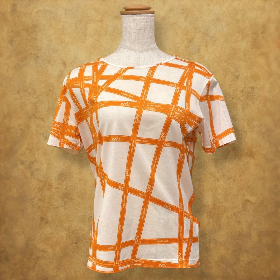 HERMES Tシャツ サイズME ボルデュック リボン柄 オレンジ フランス製