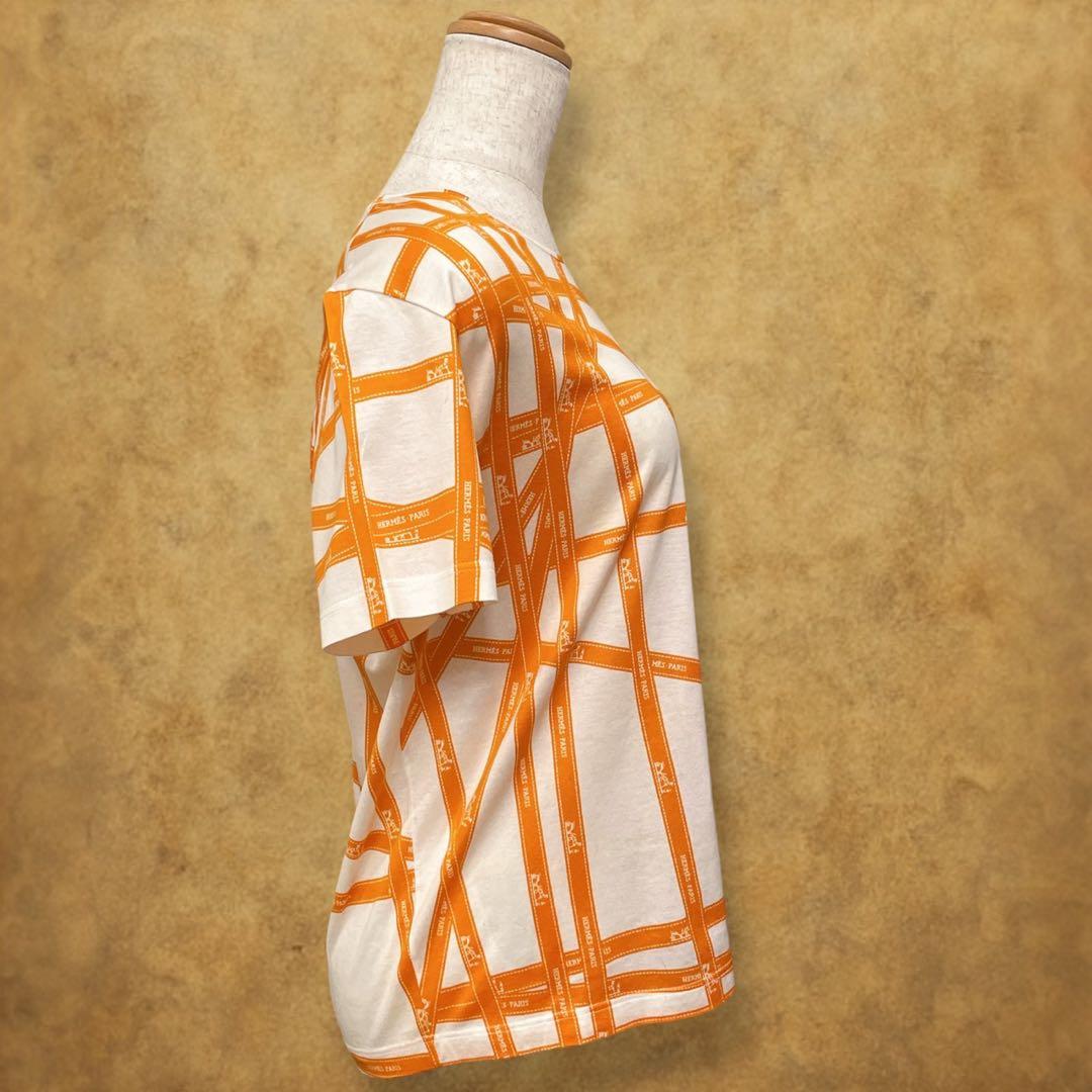 HERMES Tシャツ サイズME ボルデュック リボン柄 オレンジ フランス製