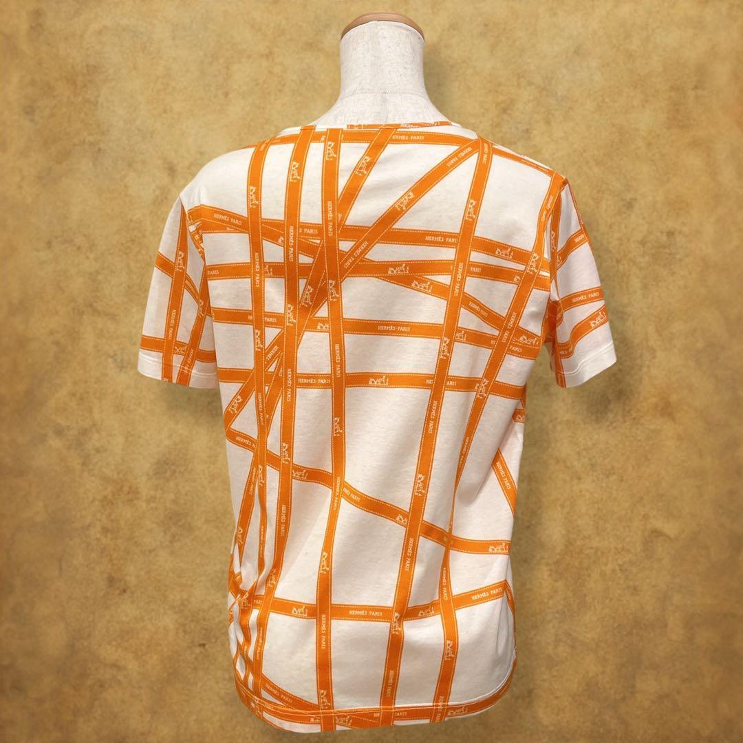 HERMES Tシャツ サイズME ボルデュック リボン柄 オレンジ フランス製