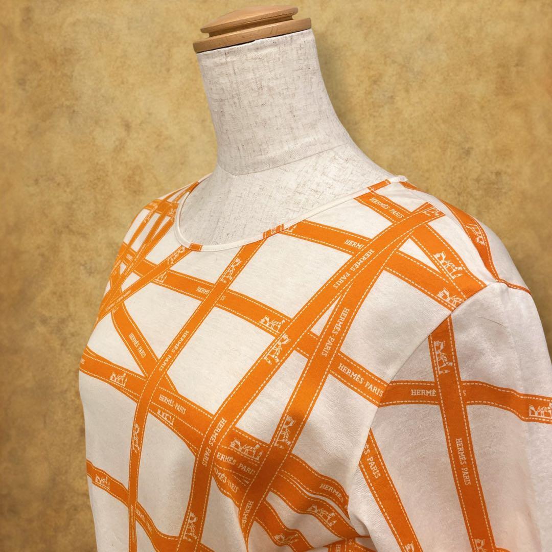 HERMES Tシャツ サイズME ボルデュック リボン柄 オレンジ フランス製