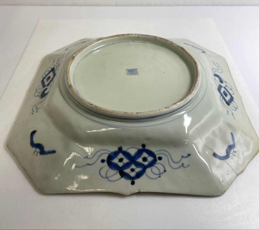古伊万里　染錦赤絵角皿　木箱付　幅約29.5㎝　東Y7-0404③タコサ
