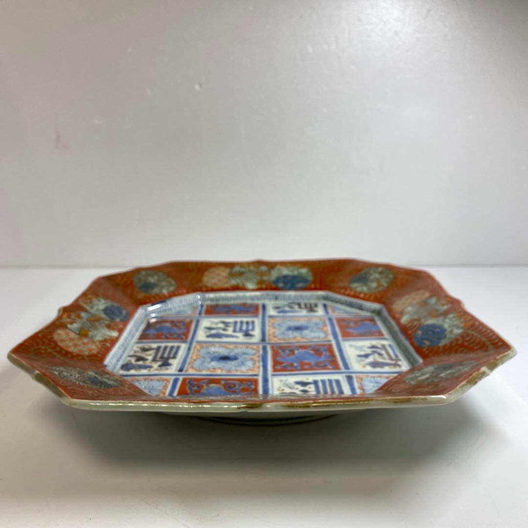 古伊万里　染錦赤絵角皿　木箱付　幅約29.5㎝　東Y7-0404③タコサ