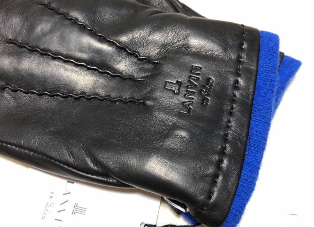 575新品LANVIN en BLue メンズ羊革レザー手袋裏地カシミヤ黒
