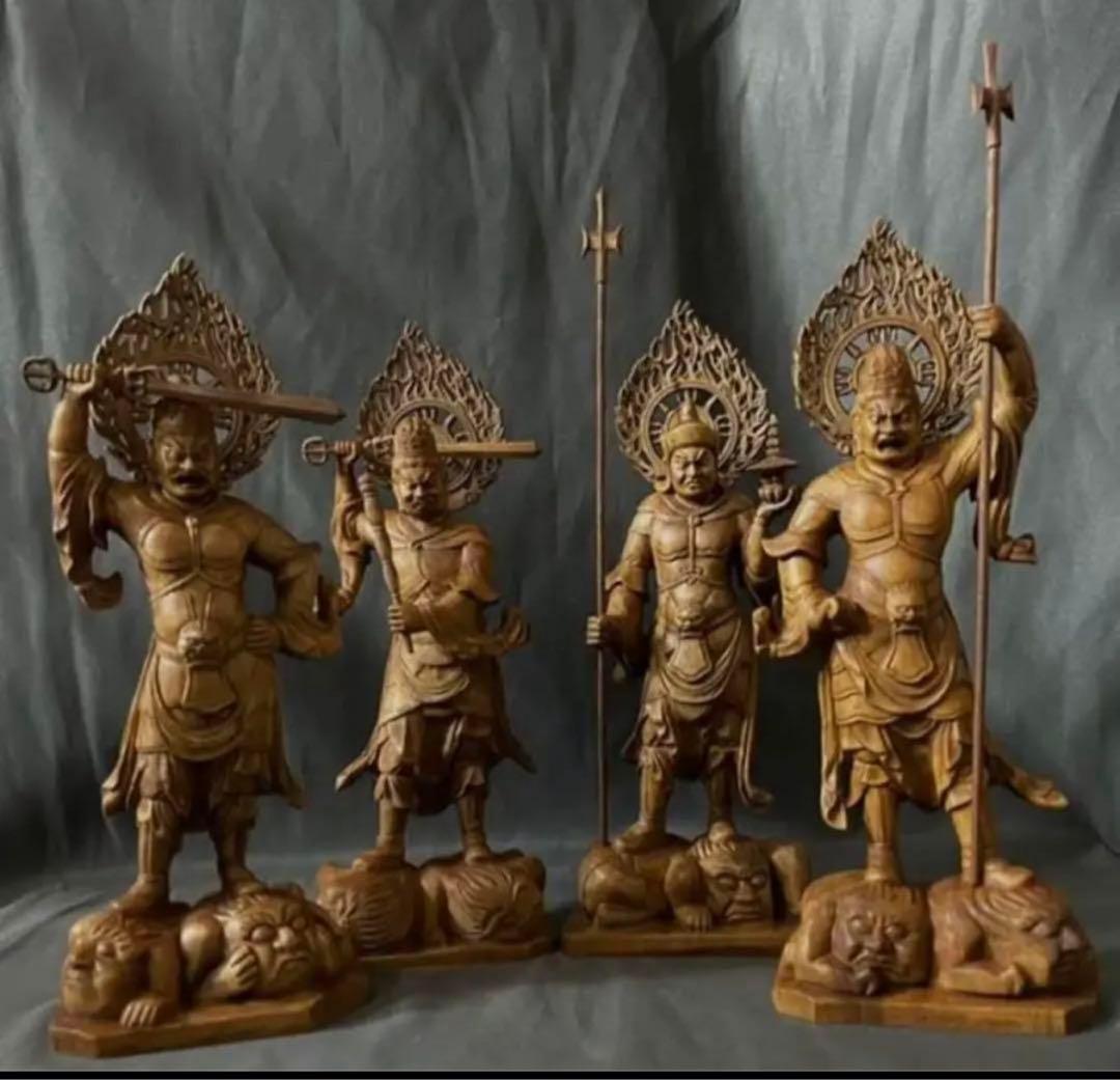 総柘植材　仏教工芸品　時代彫刻　一刀彫　極上彫　木彫仏像　四天王立像