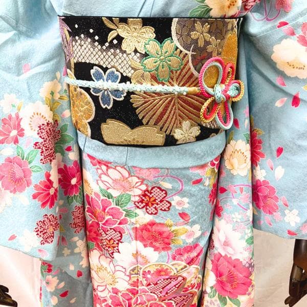 【お得品】 振袖セット 成人式 正絹 古典柄 振袖 水色 S*12 ●