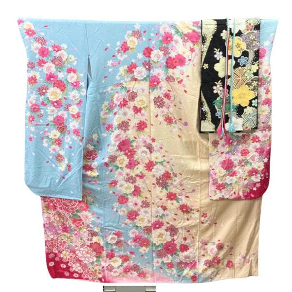 【お得品】 振袖セット 成人式 正絹 古典柄 振袖 水色 S*12 ●