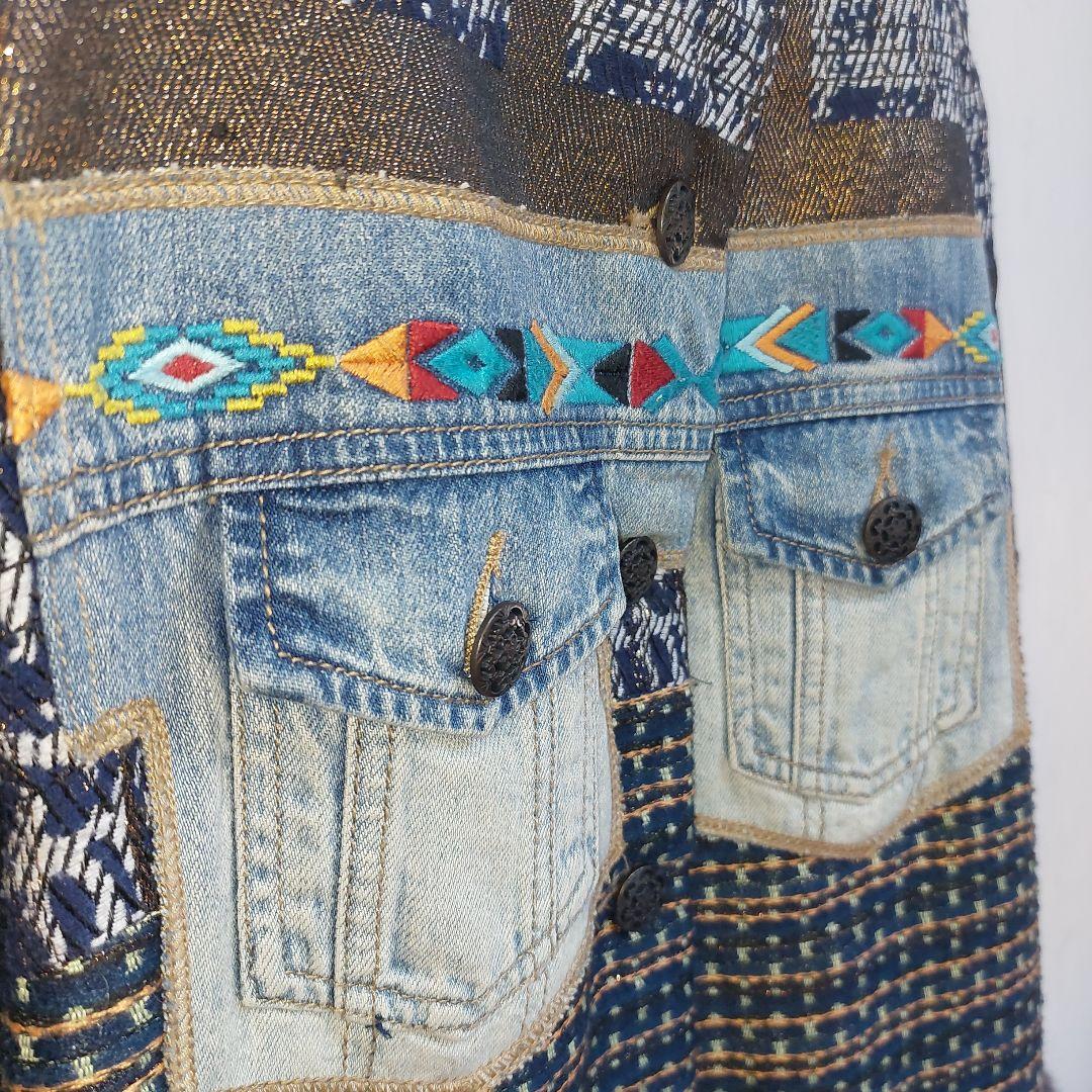 個性派✨Desigual 豪華刺繍 デニムパッチワーク ロングコート ファー襟