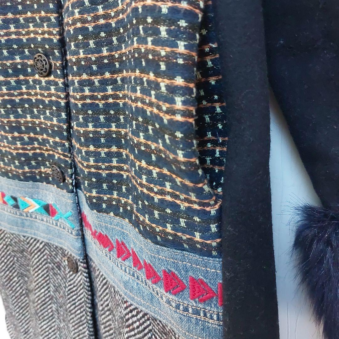 個性派✨Desigual 豪華刺繍 デニムパッチワーク ロングコート ファー襟