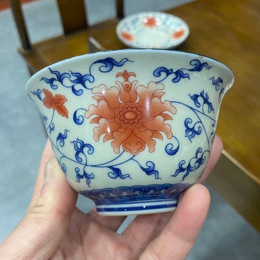 中国茶器 青花釉里紅三才蓋碗 景徳镇 蓋付き茶器 飲茶食器 煎茶具 未使用品