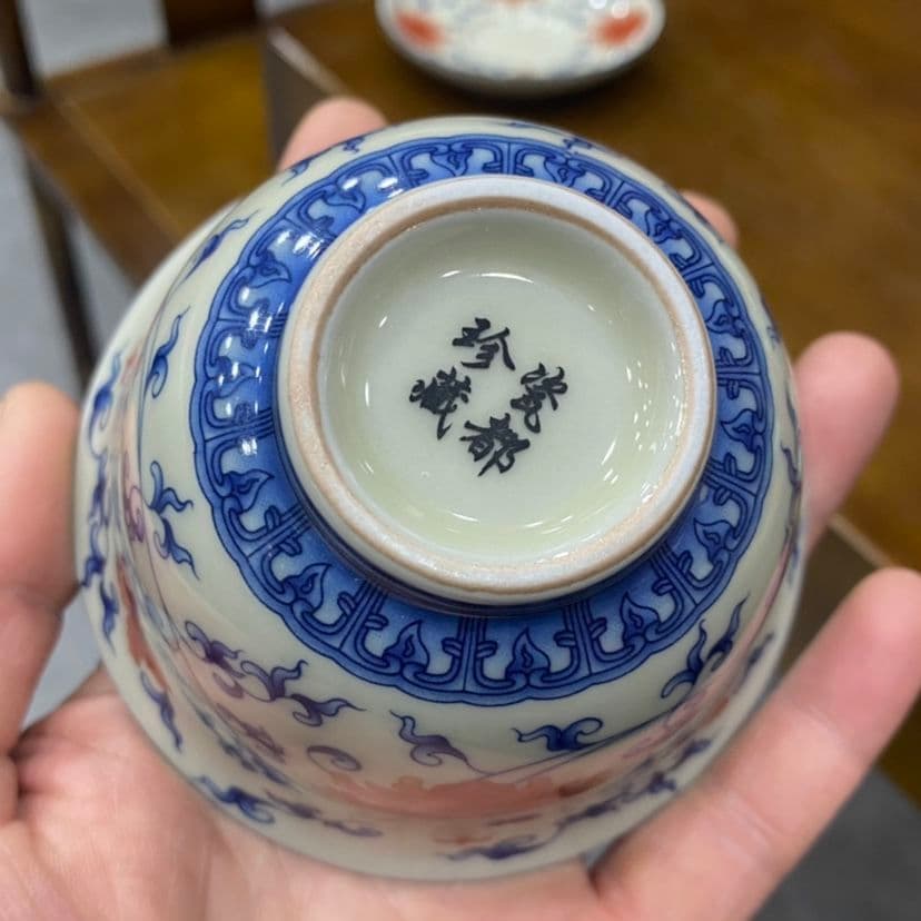 中国茶器 青花釉里紅三才蓋碗 景徳镇 蓋付き茶器 飲茶食器 煎茶具 未使用品