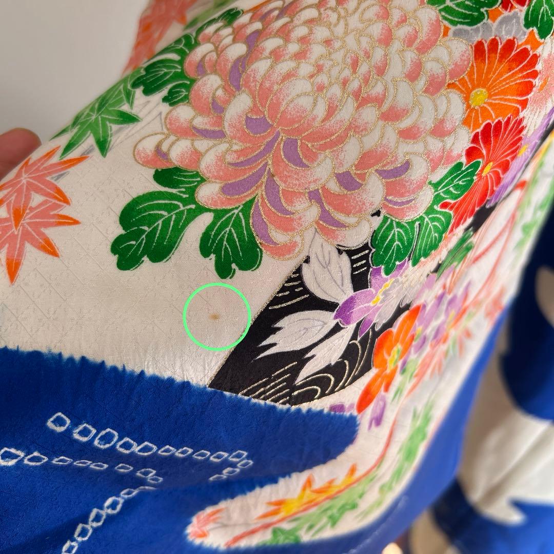 七五三 女の子 着物　7才 青地花柄 古風　(菊・楓・菖蒲・梅など)